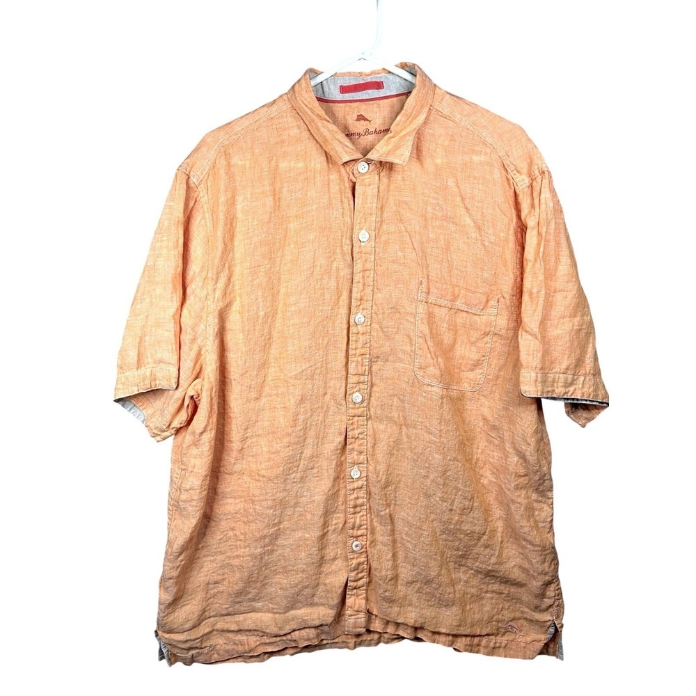 Tommy Bahama Linen Button Front Shirt Mens XL Orange Short Sleeve Relaxed Fit